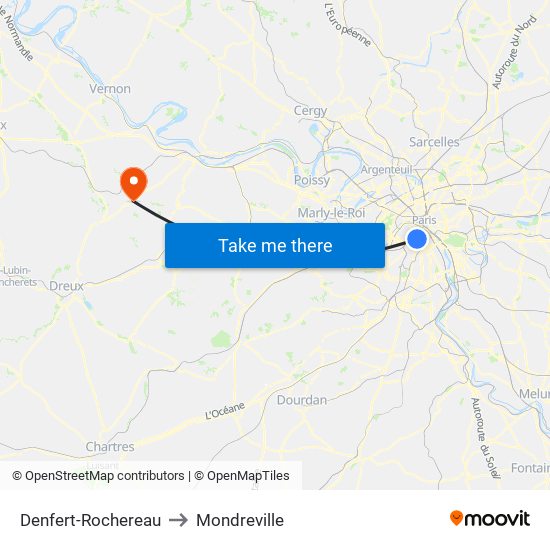 Denfert-Rochereau to Mondreville map