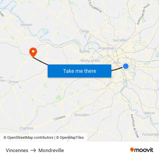 Vincennes to Mondreville map