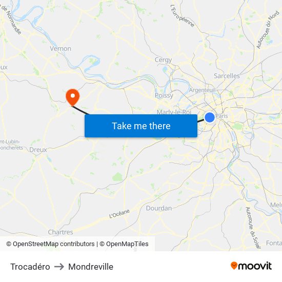 Trocadéro to Mondreville map