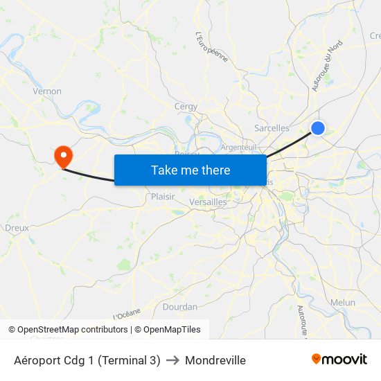 Aéroport Cdg 1 (Terminal 3) to Mondreville map