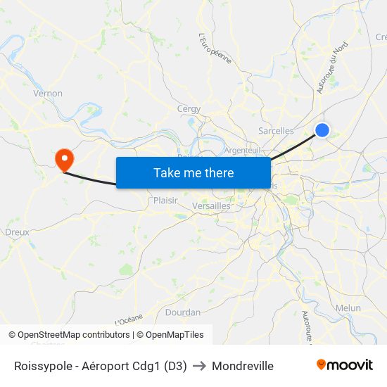 Roissypole - Aéroport Cdg1 (D3) to Mondreville map