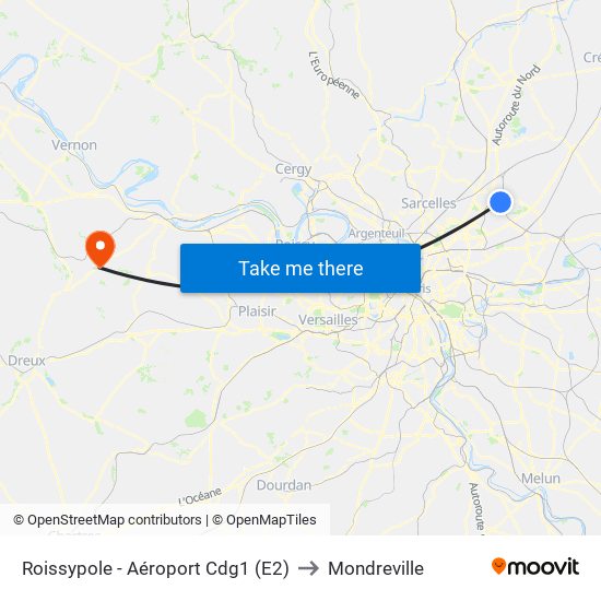 Roissypole - Aéroport Cdg1 (E2) to Mondreville map