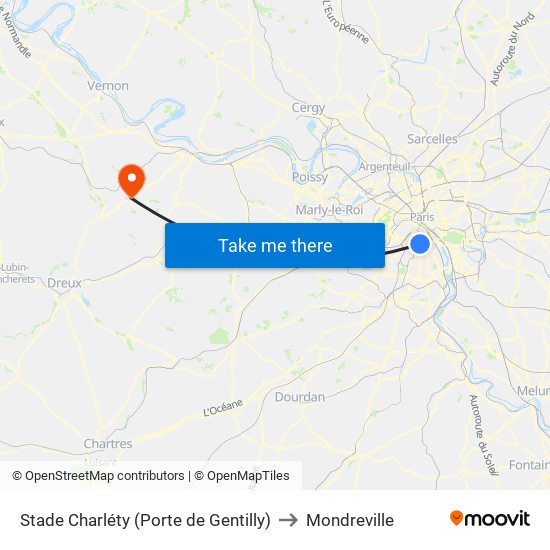 Stade Charléty (Porte de Gentilly) to Mondreville map