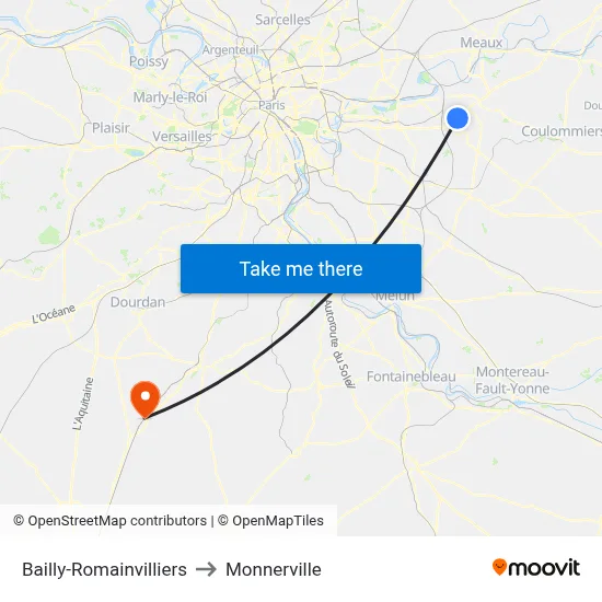 Bailly-Romainvilliers to Monnerville map