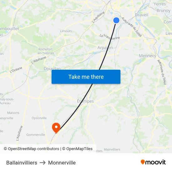 Ballainvilliers to Monnerville map