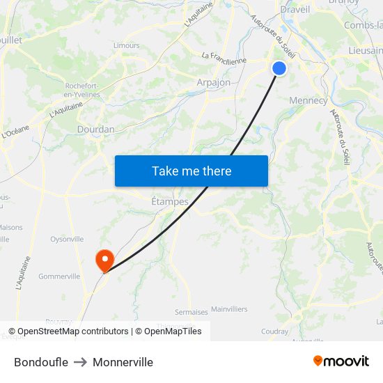 Bondoufle to Monnerville map