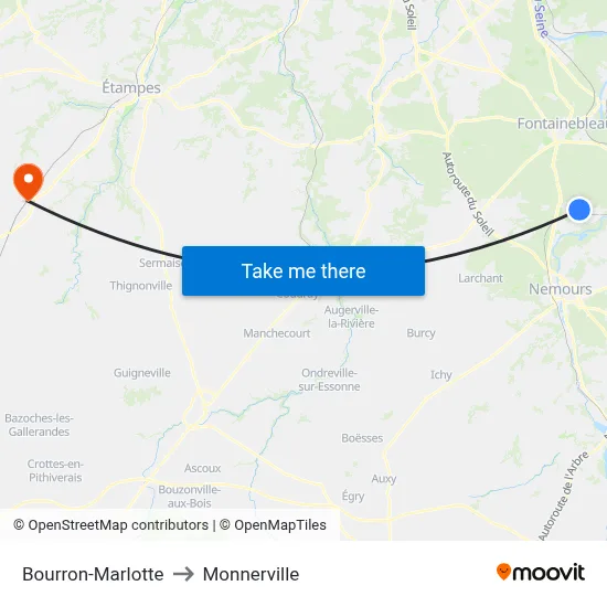 Bourron-Marlotte to Monnerville map