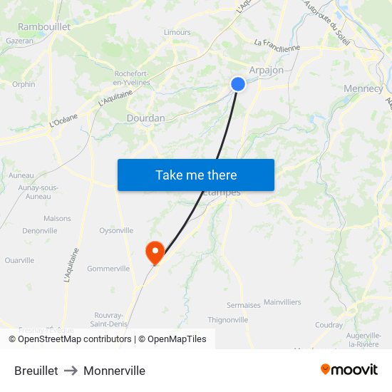 Breuillet to Monnerville map