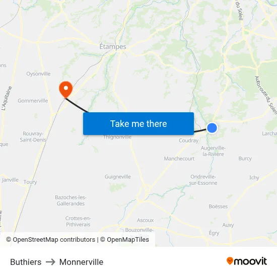 Buthiers to Monnerville map