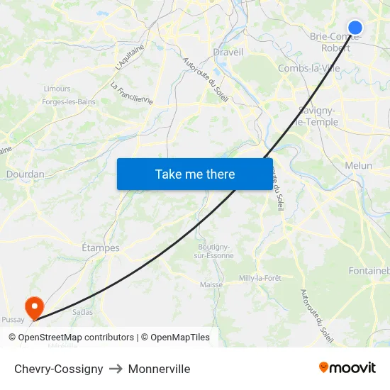 Chevry-Cossigny to Monnerville map