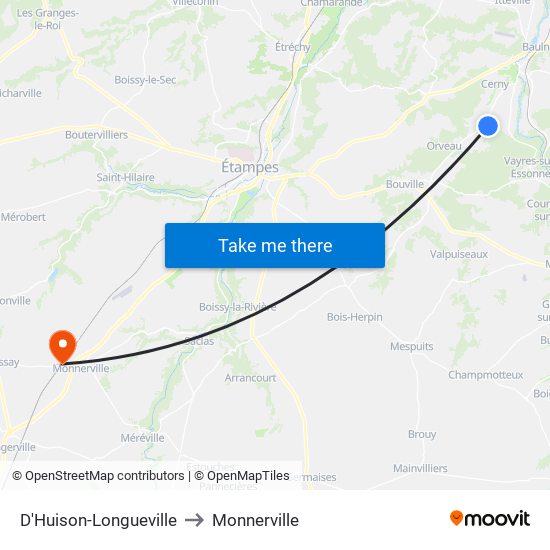 D'Huison-Longueville to Monnerville map