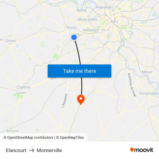 Elancourt to Monnerville map