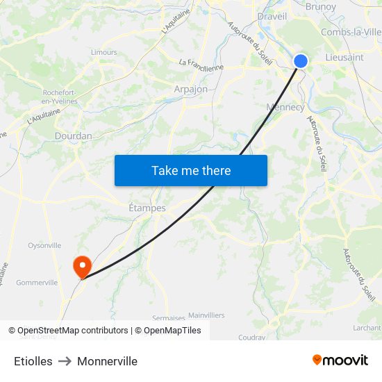 Etiolles to Monnerville map