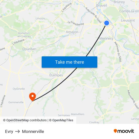 Evry to Monnerville map
