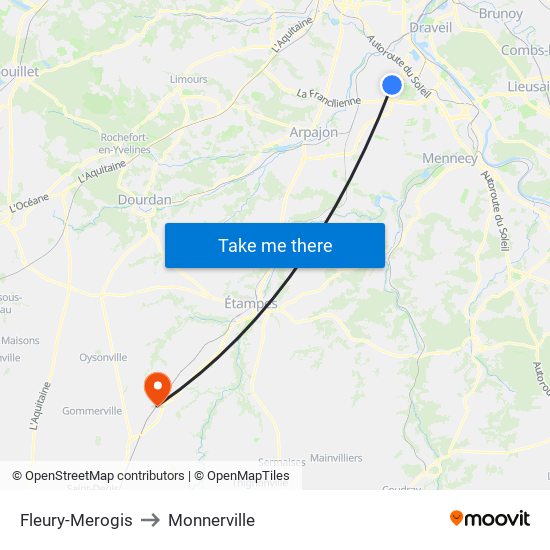 Fleury-Merogis to Monnerville map