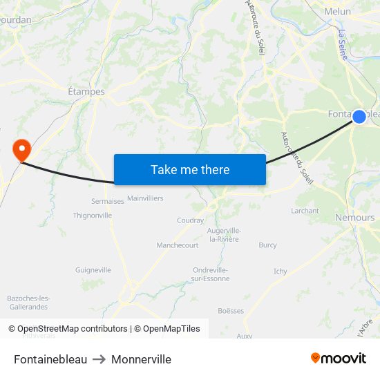 Fontainebleau to Monnerville map