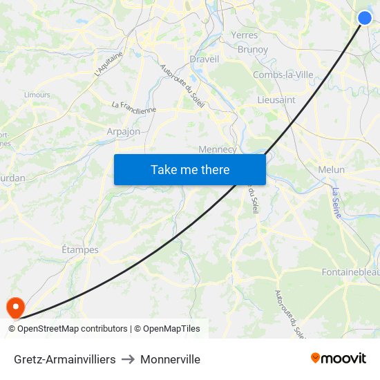 Gretz-Armainvilliers to Monnerville map
