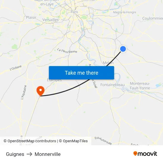 Guignes to Monnerville map
