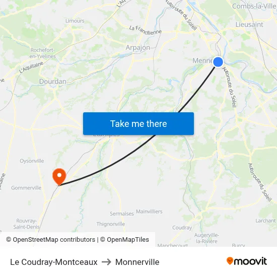 Le Coudray-Montceaux to Monnerville map