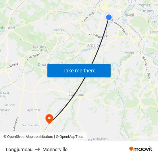 Longjumeau to Monnerville map