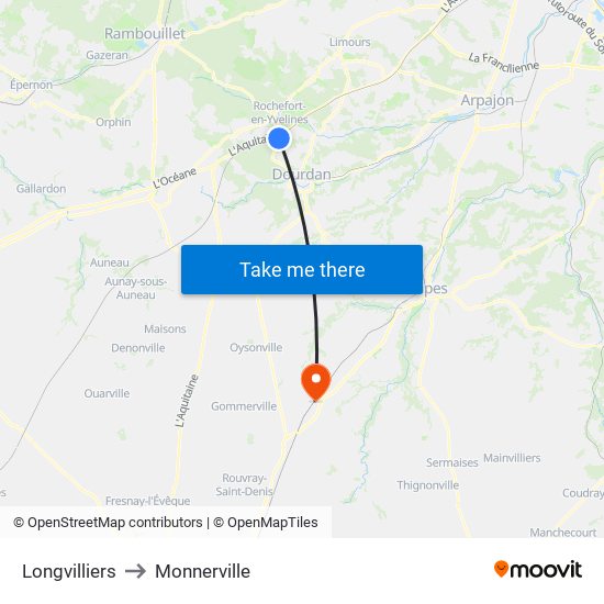 Longvilliers to Monnerville map
