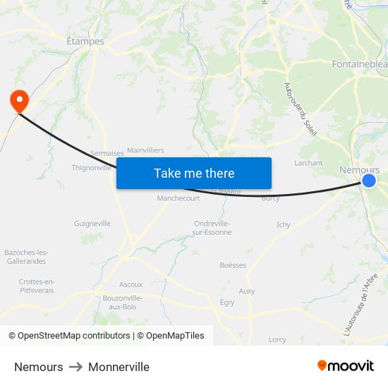 Nemours to Monnerville map