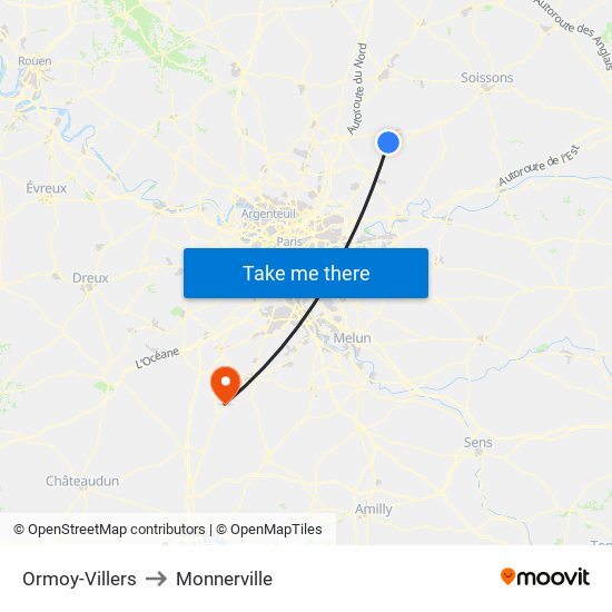 Ormoy-Villers to Monnerville map