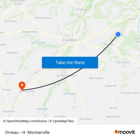 Orveau to Monnerville map
