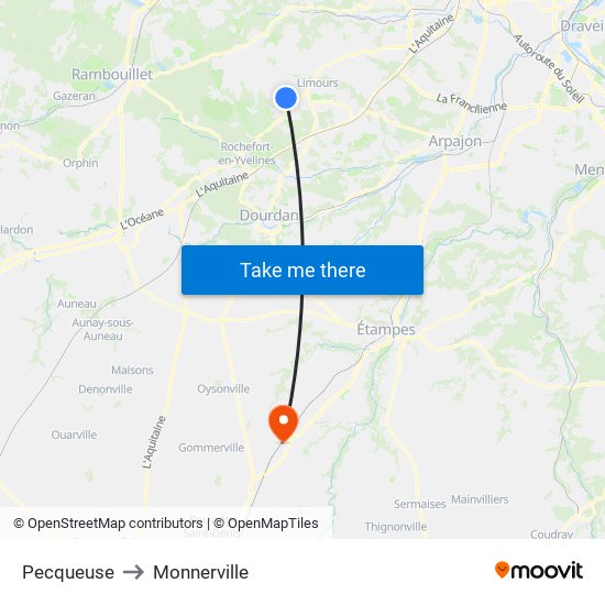 Pecqueuse to Monnerville map