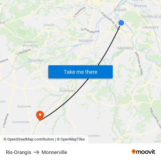 Ris-Orangis to Monnerville map