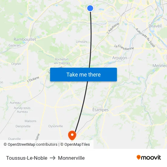 Toussus-Le-Noble to Monnerville map