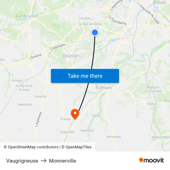 Vaugrigneuse to Monnerville map