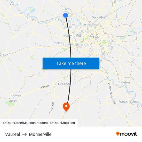 Vaureal to Monnerville map