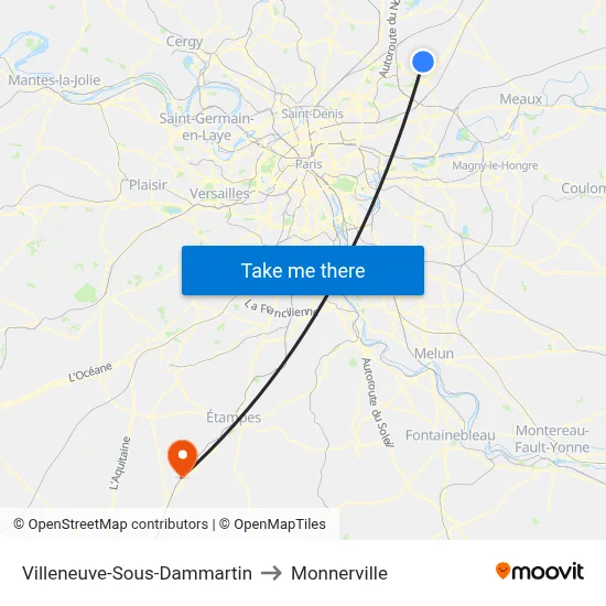 Villeneuve-Sous-Dammartin to Monnerville map