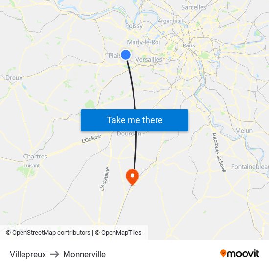 Villepreux to Monnerville map