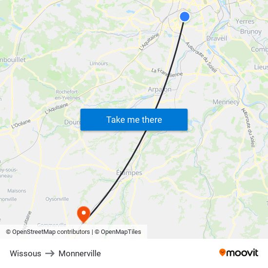 Wissous to Monnerville map