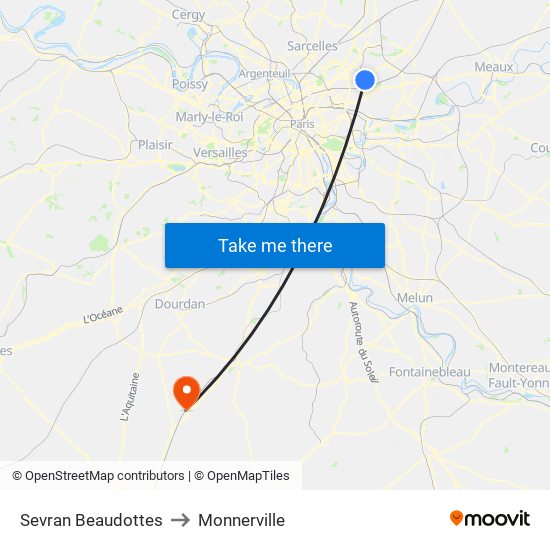 Sevran Beaudottes to Monnerville map