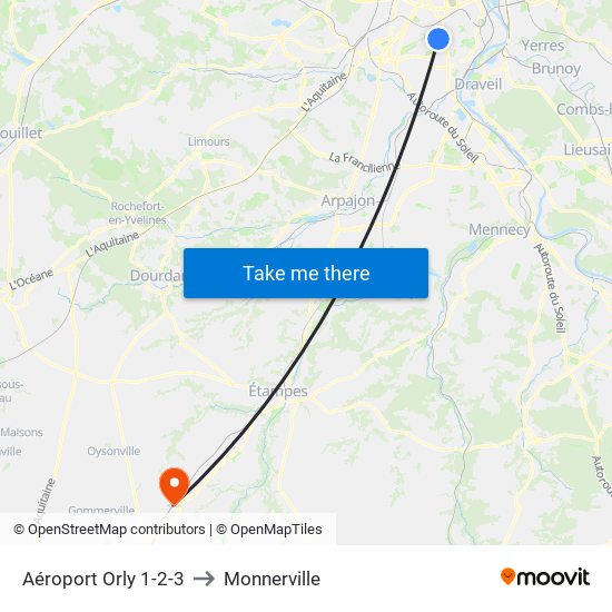 Aéroport Orly 1-2-3 to Monnerville map
