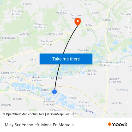 Misy-Sur-Yonne to Mons-En-Montois map