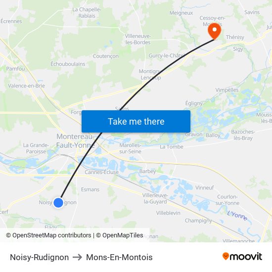 Noisy-Rudignon to Mons-En-Montois map