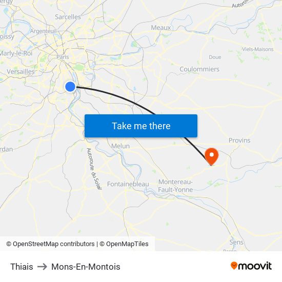 Thiais to Mons-En-Montois map