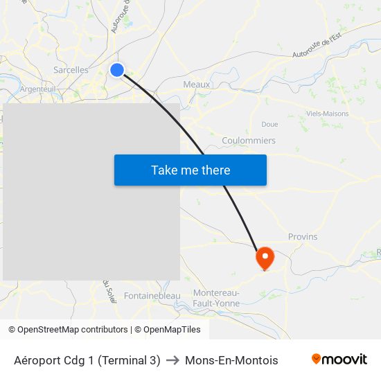 Aéroport Cdg 1 (Terminal 3) to Mons-En-Montois map