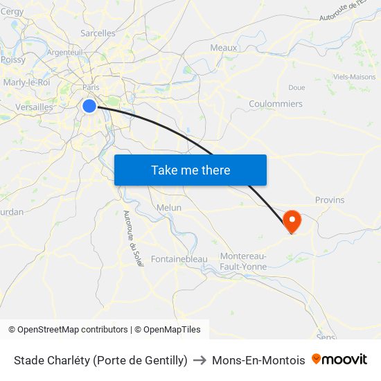 Stade Charléty (Porte de Gentilly) to Mons-En-Montois map