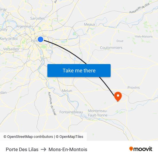 Porte Des Lilas to Mons-En-Montois map