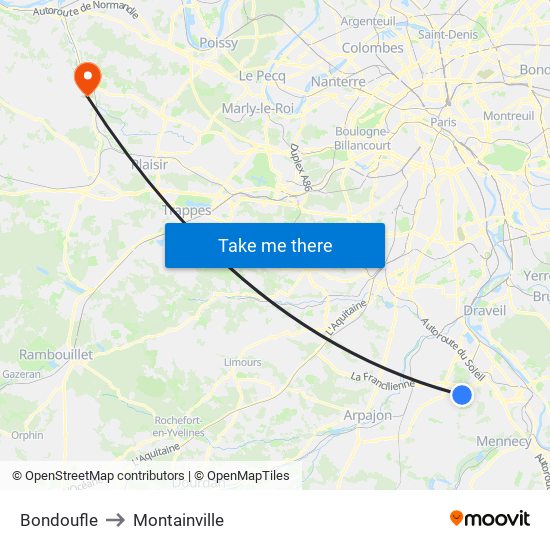 Bondoufle to Montainville map