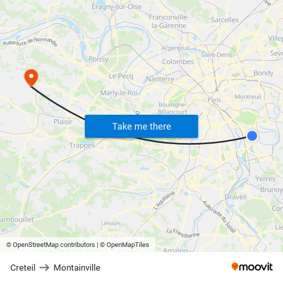 Creteil to Montainville map