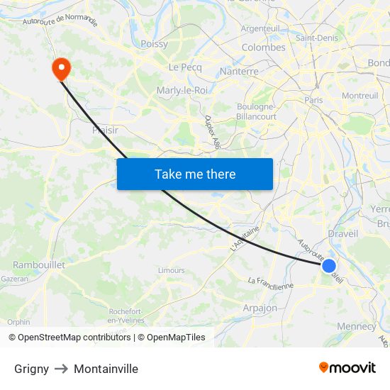 Grigny to Montainville map
