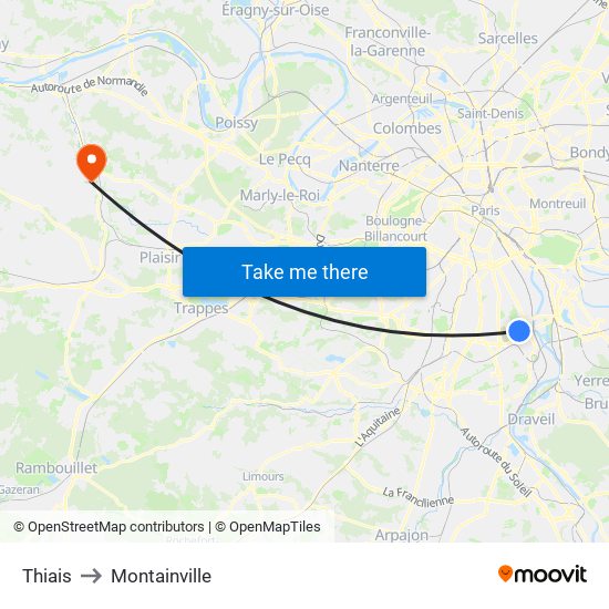 Thiais to Montainville map