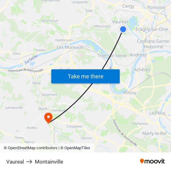 Vaureal to Montainville map