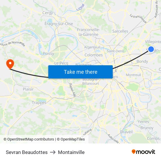 Sevran Beaudottes to Montainville map
